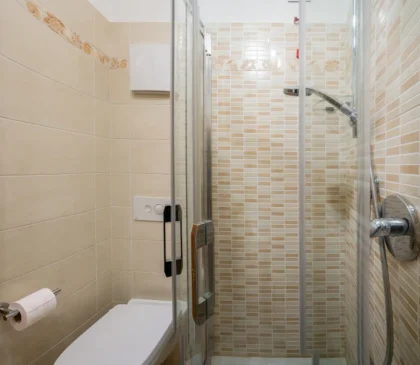 Bagno con doccia moderna e finiture eleganti nell’appartamento Mortisa